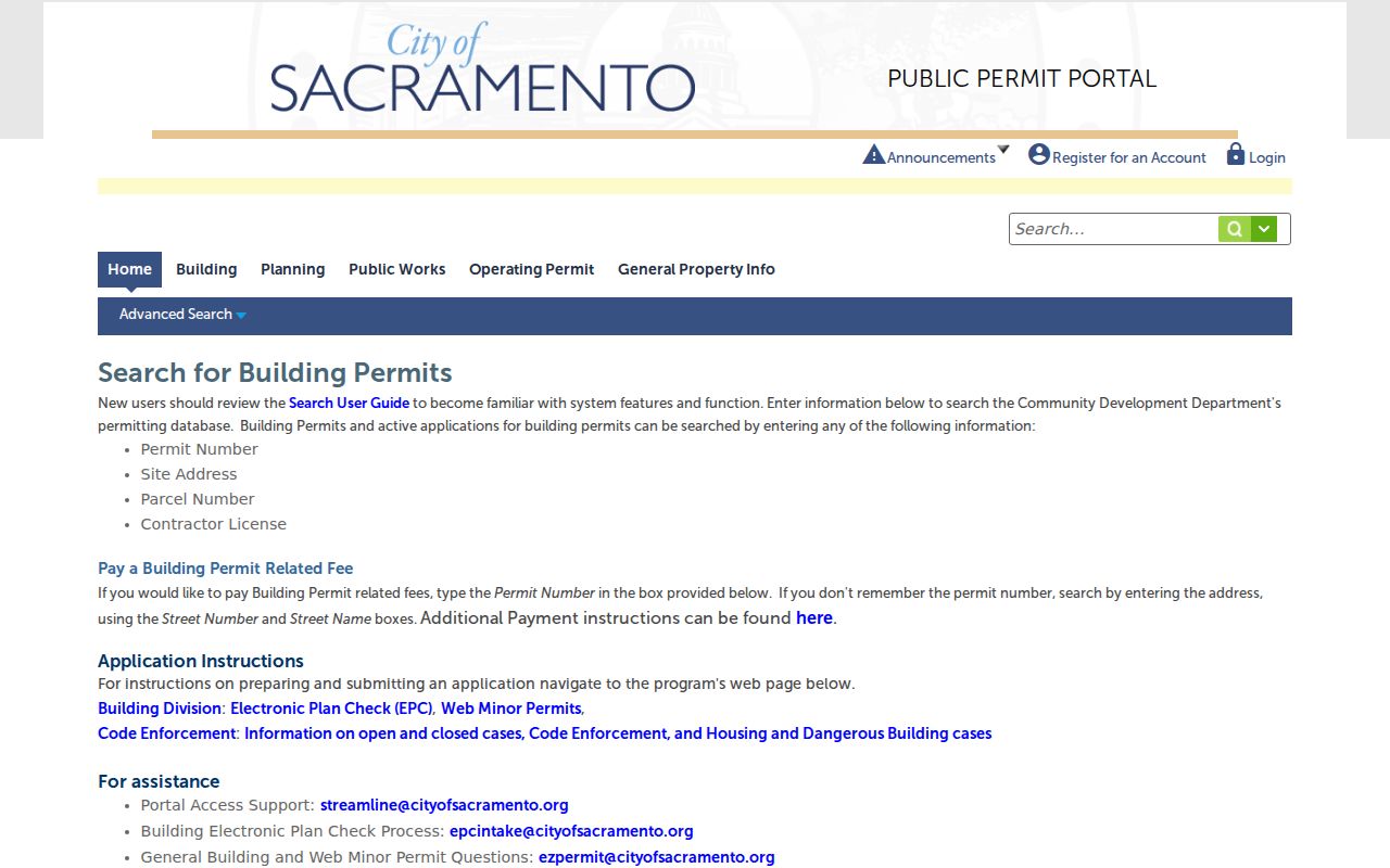 Sacramento people directories building permit search fields