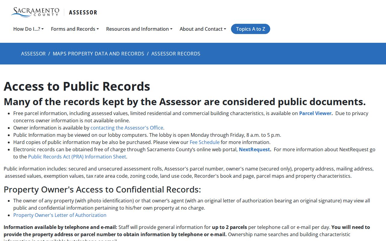 Sacramento records access options from the County Assessor